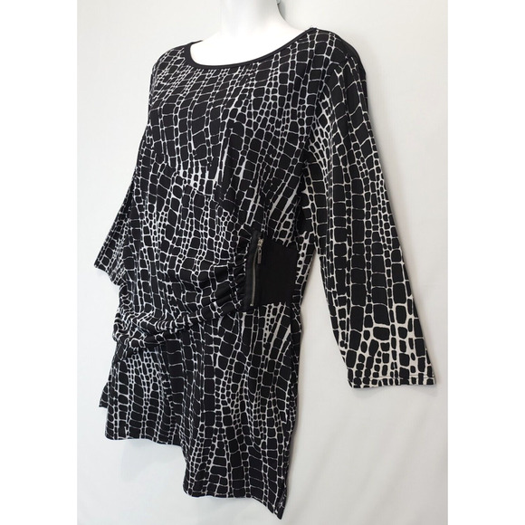 Multiples Tunic Top Ruched Side Zip Accent Women L Scoop Neck 3/4 Sleeve Black - Picture 2 of 11